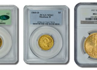 GreatCollections April Auction Rarities Include $3 Gold, Liberty Half Eagle 1860 $3 Gold Piece, 1860 Liberty Half Eagle and 1927-S Double Eagle