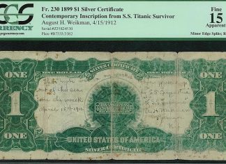 Titanic Survivor’s 1899 $1 Bill Certified by PCGS Currency Titanic survivor's $1 bill