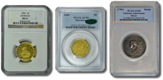 Mormon Gold Coins, Morgan Dollars Featured in GreatCollections June Auctions Mormon $5 Gold Coins and Libertas Americana medal