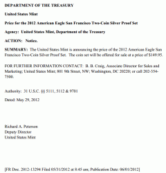 Pricing Notice for the 2012 American Eagle San Francisco Two-Coin Silver Proof Set