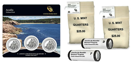 2012 Acadia Quarter - Three-Coin Set, Bags and Rolls