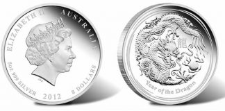 2012 Australian Year of the Dragon Silver Proof Coin in Five Ounces 2012 Australian Year of the Dragon Five Ounce Silver Proof Coin