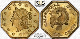 California Fractional Gold Coins In PCGS Pricing Guide California Fractional Gold Coin - 1858 50c BG-302 MS63