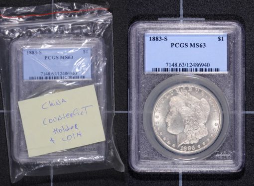 Counterfeit 1883-S $1 in fake holders