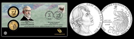 Benjamin Harrison $1 Coin Cover and Daw Aung San Suu Medal Design