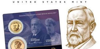 Harrison Presidential $1 Coin & First Spouse Medal Set Released Benjamin and Caroline Harrison Presidential $1 Coin and First Spouse Medal Set