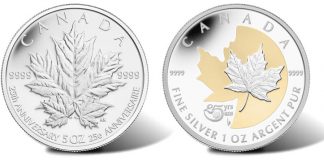 2013 Silver Maple Leaf Commemorative Coins for 25th Anniversary 2013 $50 and $5 25th Anniversary Silver Maple Leaf Commemorative Coins