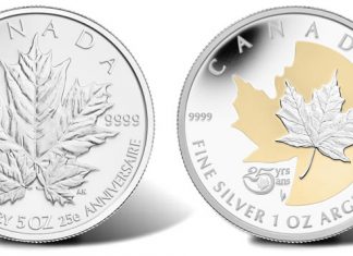2013 Silver Maple Leaf Commemorative Coins for 25th Anniversary 2013 $50 and $5 25th Anniversary Silver Maple Leaf Commemorative Coins