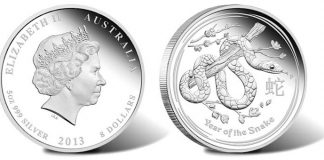 2013 Year of the Snake Proof Coin in Five Ounces of Silver 2013 Year of the Snake 5 Oz Silver Proof Coin