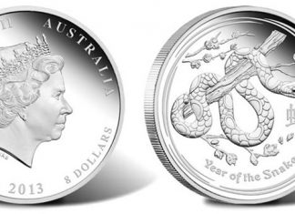 2013 Year of the Snake Proof Coin in Five Ounces of Silver 2013 Year of the Snake 5 Oz Silver Proof Coin