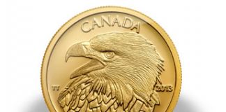2013 Bald Eagle 1/25 Oz Gold Coin 12th in Canadian Series 2013 Bald Eagle Gold Proof Coin
