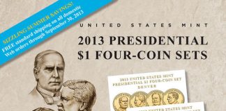 2013 Presidential $1 Four-Coin Sets from Denver and Philadelphia US Mint Promotion Image of its 2013 Presidential $1 Four-Coin Sets