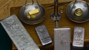 Gold and Silver Rally for Second Week, US Mint Bullion Coins Solid Silver and Gold Bars, Antique Balance Scale