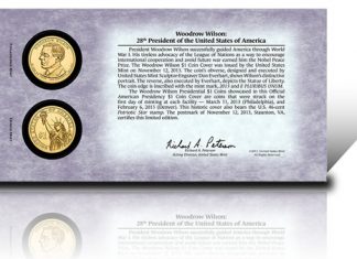 2013 Woodrow Wilson Presidential $1 Coin Cover Available Back of 2013 Woodrow Wilson Presidential $1 Coin Cover