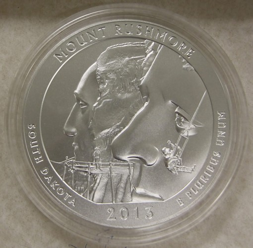 Photo of the 2013-P Mount Rushmore Five Ounce Silver Uncirculated Coin