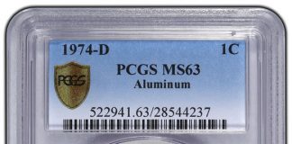 1974 Aluminum Lincoln Cent from Denver Mint Authenticated, at Long Beach 1974-D aluminum Lincoln cent, graded PCGS MS63