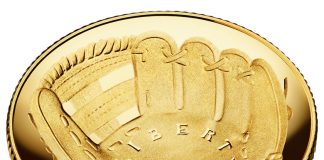 2014 National Baseball Hall of Fame Commemorative Coin Images 2014 National Baseball Hall of Fame Proof $5 Gold Coin - Obverse, Angled