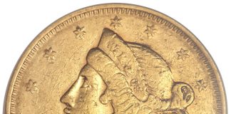 Territorial Gold Coins Anchor Heritage CSNS Auction 1855 Wass, Molitor and Co. Twenty Dollar Gold Coin - Obverse