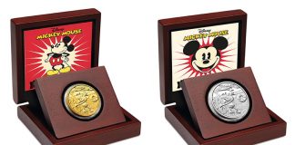 Mickey Mouse on Steamboat Willie Starts Disney Coin Series 2014 Steamboat Willie Gold and Silver Coins in Presentation Cases