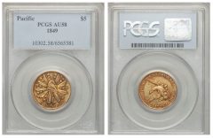 1849 $5 Pacific Company Five Dollar AU58 PCGS