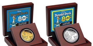 Donald Duck 80th Anniversary Coins Continue Disney Series 2014 80th Anniversary of Donald Duck Gold and Silver Coins in Presentation Case