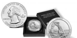2014 Arches National Park 5 Oz Silver Uncirculated Coin Released 2014-P Arches National Park Silver Uncirculated Coin and Case