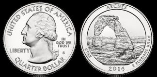 Arches National Park Five Ounce Silver Coins and Event Dates Arches National Park Quarter - Obverse and Reverse