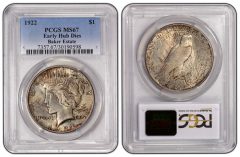 1922 Peace Dollar Early Hub Dies PCGS MS67