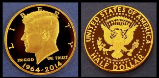 Photos of 2014-W 24K Kennedy Half-Dollar Gold Coins 2014 50th Anniversary Kennedy Half-Dollar Gold Coins
