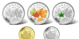 2014 Majestic Maple Leaves Coins in Silver, Gold and Platinum 2014 Majestic Maple Leaves Coins - Silver, Silver with Color, Silver with Jade, Gold and Platinum