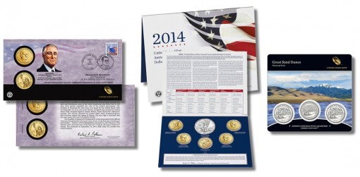 Franklin Roosevelt $1 Coin Cover, Annual Uncirculated Dollar Coin Set and Great Sand Dunes National Park Quarters Three Coin Set