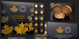 MapleGram25 Features 25 x 1g Gold Maple Leaf Bullion Coins Maplegram25 Packaging (Front and Back) and 1g Gold Maple Leaf Bullion Coins