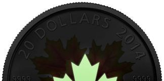 2014 Maple Leaves Silver Coin Glows in the Dark 2014 $20 Maple Leaves Glow-in-the-Dark Silver Coin - Glowing in the Dark