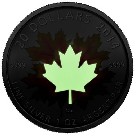 2014 $20 Maple Leaves Glow-in-the-Dark Silver Coin - Glowing in the Dark