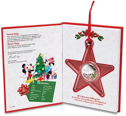 2014 Disney Season's Greetings Silver Proof Coin in Star-Shaped Coin Capsule and Packaging