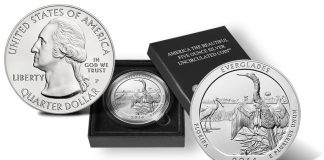 2014 Everglades 5 Oz Silver Uncirculated Coin Released 2014-P Everglades National Park Five Ounce Silver Uncirculated Coin and Presentation Case
