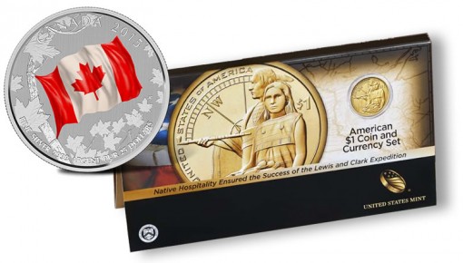 2015 $25 for $25 Canadian Flag Silver Coin and 2014 American $1 Coin and Currency Set
