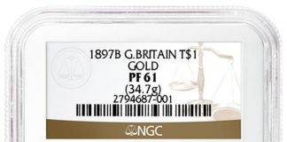 Rare 1897 British Trade Dollar in Gold Grades NGC PF61 1897B British Gold Trade Dollar, obverse