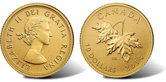 2015 Maple Leaves Gold Coin Features 1965 Effigy of Queen 2015 $10 Maple Leaves Gold Coin with 1965 Effigy of Queen Elizabeth II
