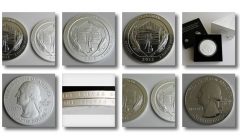 Photos of bullion and collector Homestead National Monument Five Ounce Silver Coins