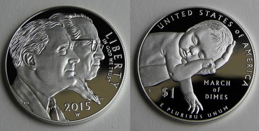 Photo of a 2015-W Proof March of Dimes Silver Dollar (obverse and reverse)