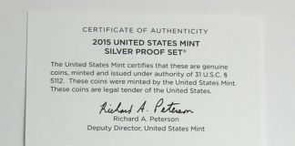 2015 Silver Proof Set Photos and Starting Sales 2015 Silver Proof Set Certificate of Authenticity