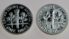 Proof and reverse proof 2015 Roosevelt Dimes – reverses, close-up