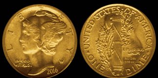 US Mint 2016 Centennial Gold Coin Mock-Ups 2016 24k Gold Mercury Dime Mock-up
