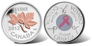Canadian pick gold plated 2012 silver coin and pink ribbon 2006 25c Breast Cancer coin