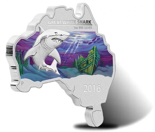2016 $1 Great White Shark Australian Map-Shaped Silver Coin