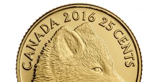 2016 25c Canadian Traditional Arctic Fox Gold Coin at 0.5 Grams 2016 25c Canadian Traditional Artic Fox 0.5g Gold Coin - Reverse