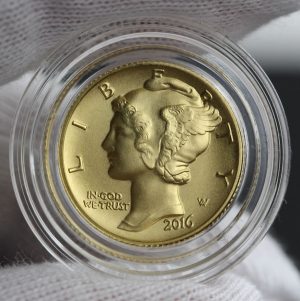 2016-W Mercury Dime Centennial Gold Coin, Obverse, Capsule, a