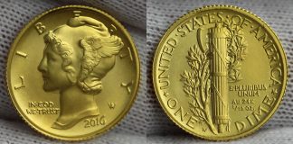 2016 Mercury Dime Centennial Gold Coin Photos and Video 2016-W Mercury Dime Centennial Gold Coin - Obverse and Reverse