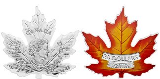 Canadian 2016 $20 Coin Shaped Like Autumn Maple Leaf 2016 $20 Canadian Maple Leaf-Shaped Silver Coin